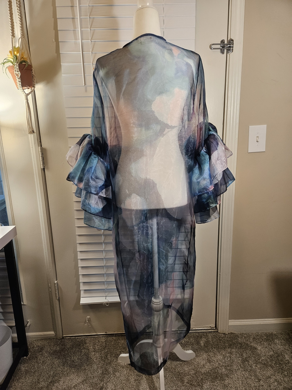 Anthropologie Sheer Watercolor Kimono Duster Ruffle Sleeve One Size - Picture 5 of 9